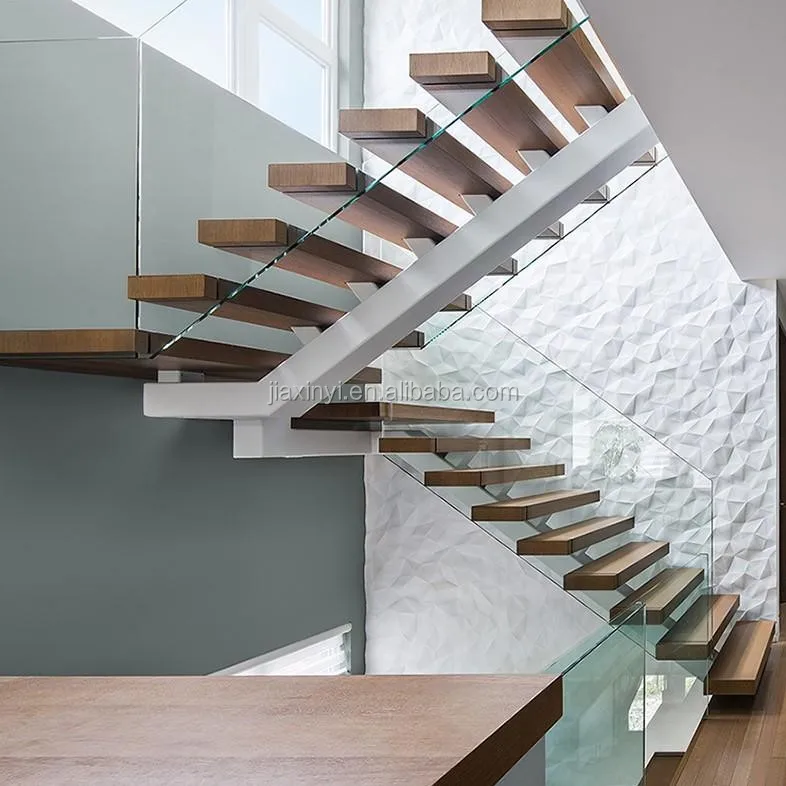 
U shaped glass wood stairs design indoor mono stringer staircase 