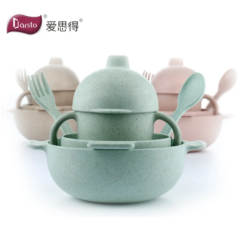 

Natural Wheat Fiber Baby Bowl with Spoon Non Toxic Self-Feeding Light-Weight Kids BPA Free Children Tableware Dinnerware Set, Pink;wheat;green or customized