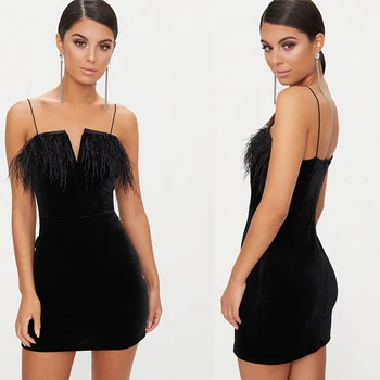 feather trim black dress