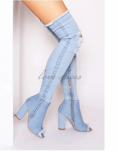 

Women long Boots over the knee peep toe distressed ripped jeans Sexy high heels denim boots ladies shoes, Light blue