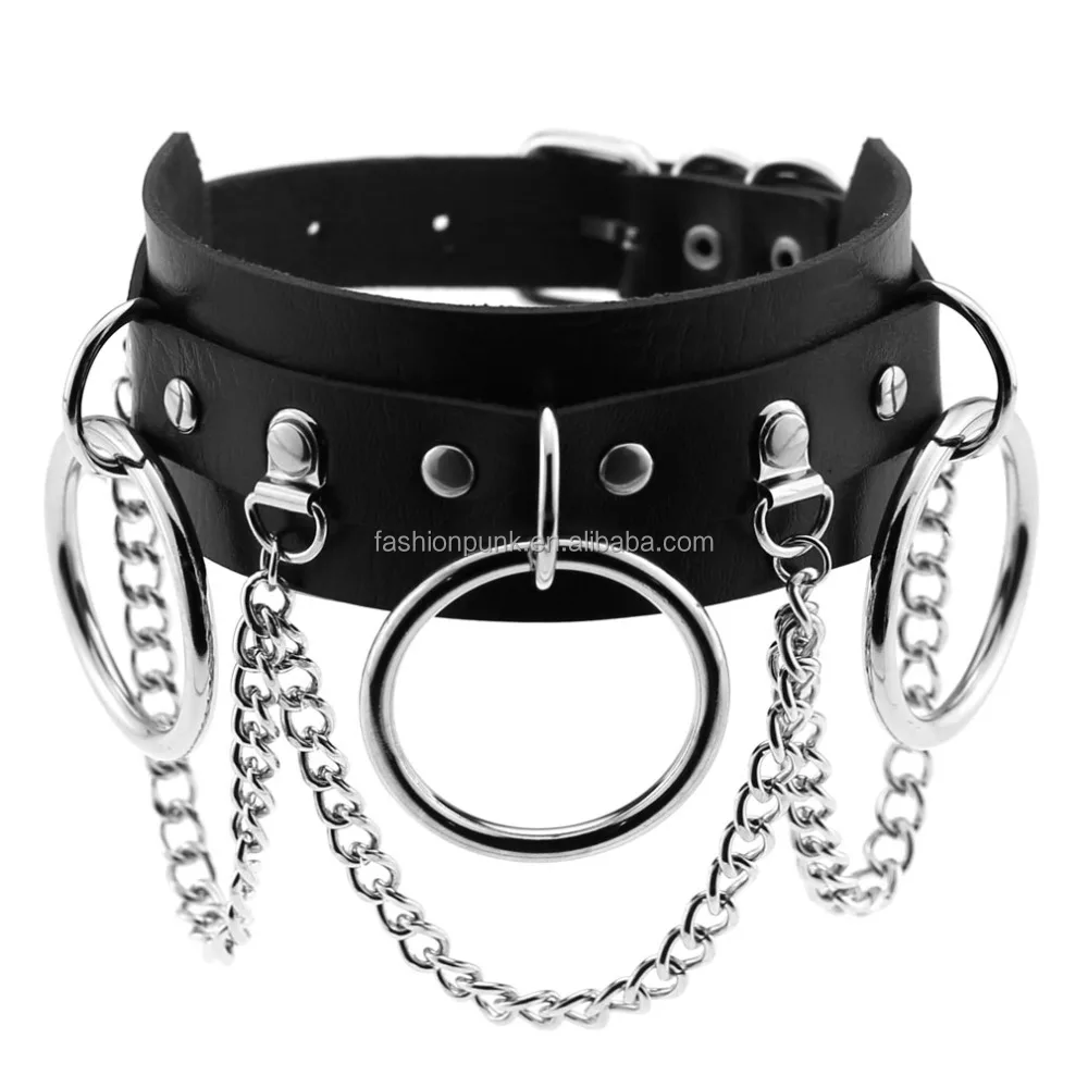 

Woman Man Punk Leather Bondage Collar With Large 3 Rings Choker and Chains O Ring BDSM Slave Collar, 15 colors to choosing