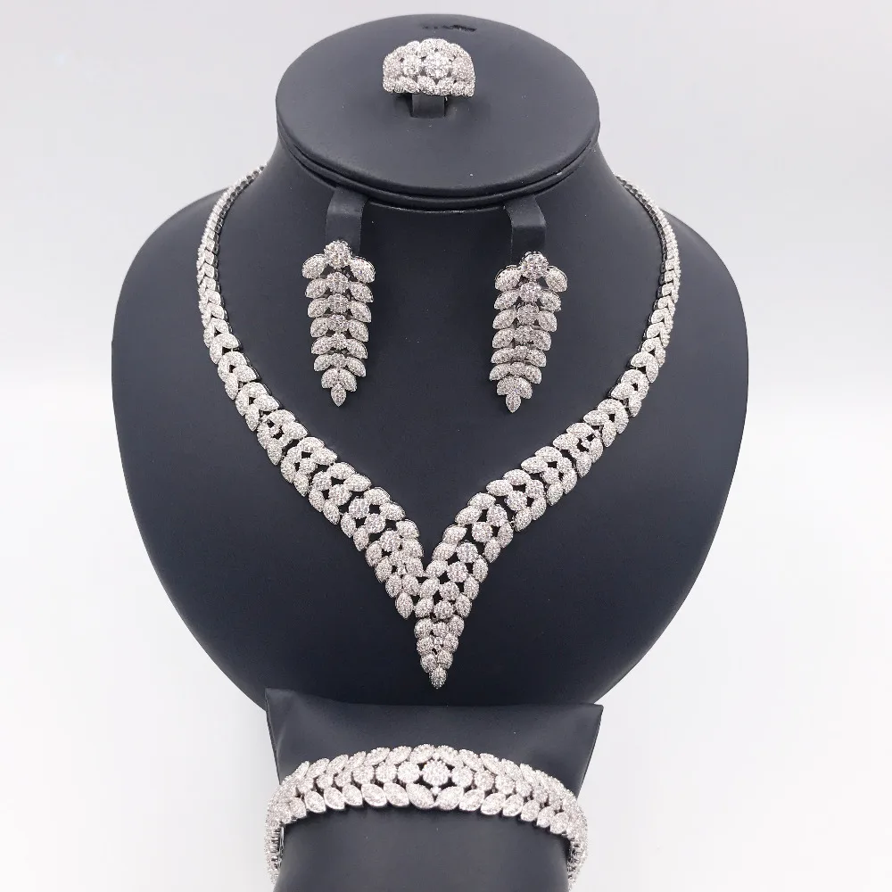 

Echsio High Quality Luxury Necklace Bracelet Earrings Ring 4Pcs Sparkling Cubic Zirconia Wedding Jewelry Set For Women CN300