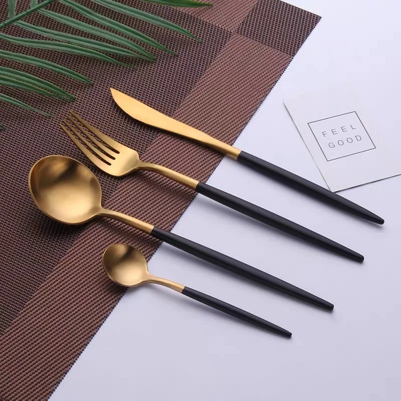 

Hot Selling Stainless Steel Spoon Fork Knives Set Restaurant Cutlery Flatware, Black and gold