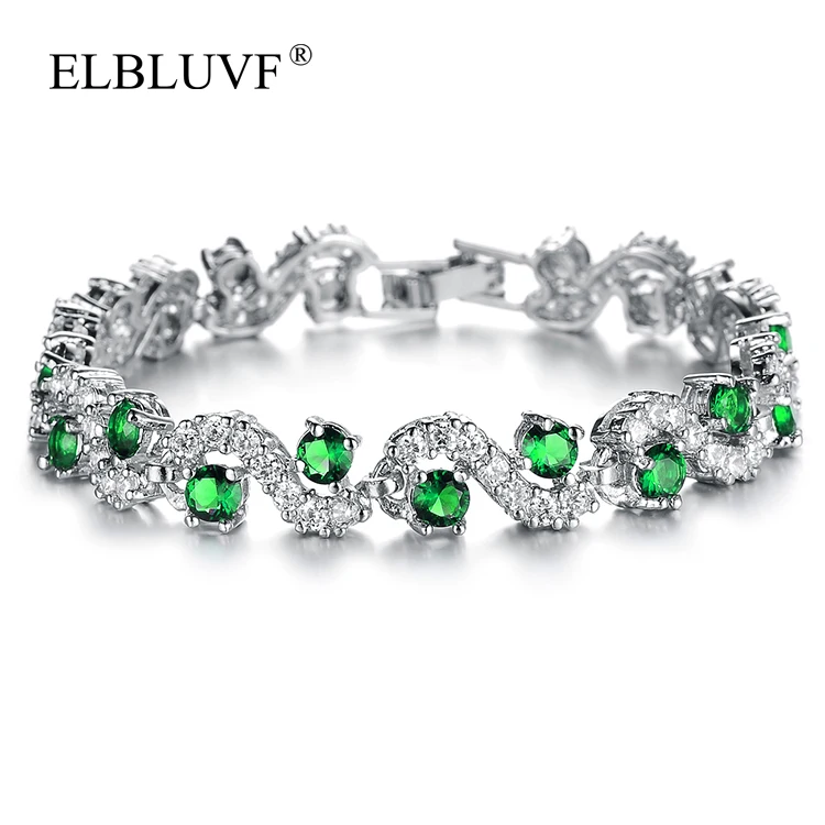 

ELBLUVF Free Shipping Copper Alloy Jewelry Green Zircon Wave Shape Bracelet For Gifts