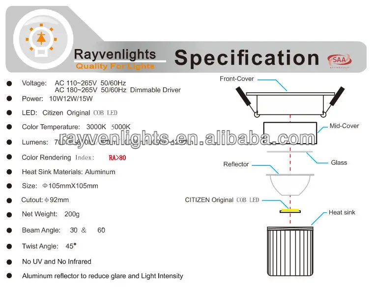SAA Tiltable 12W Dimmable 0-100% COB LED Recessed Downlight