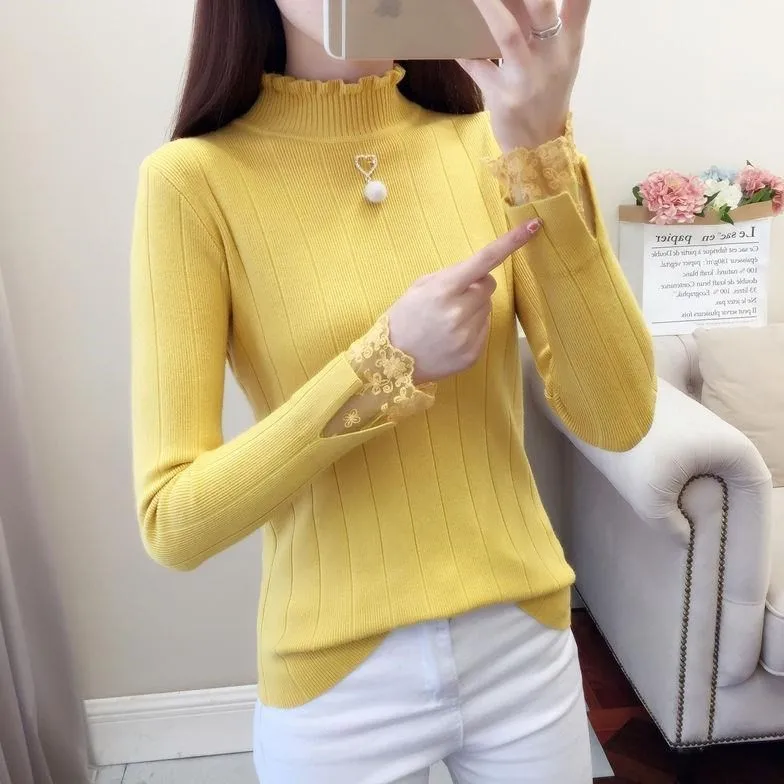 

Wholesale korean style office lady slim fit high neck stripe pullover sweater