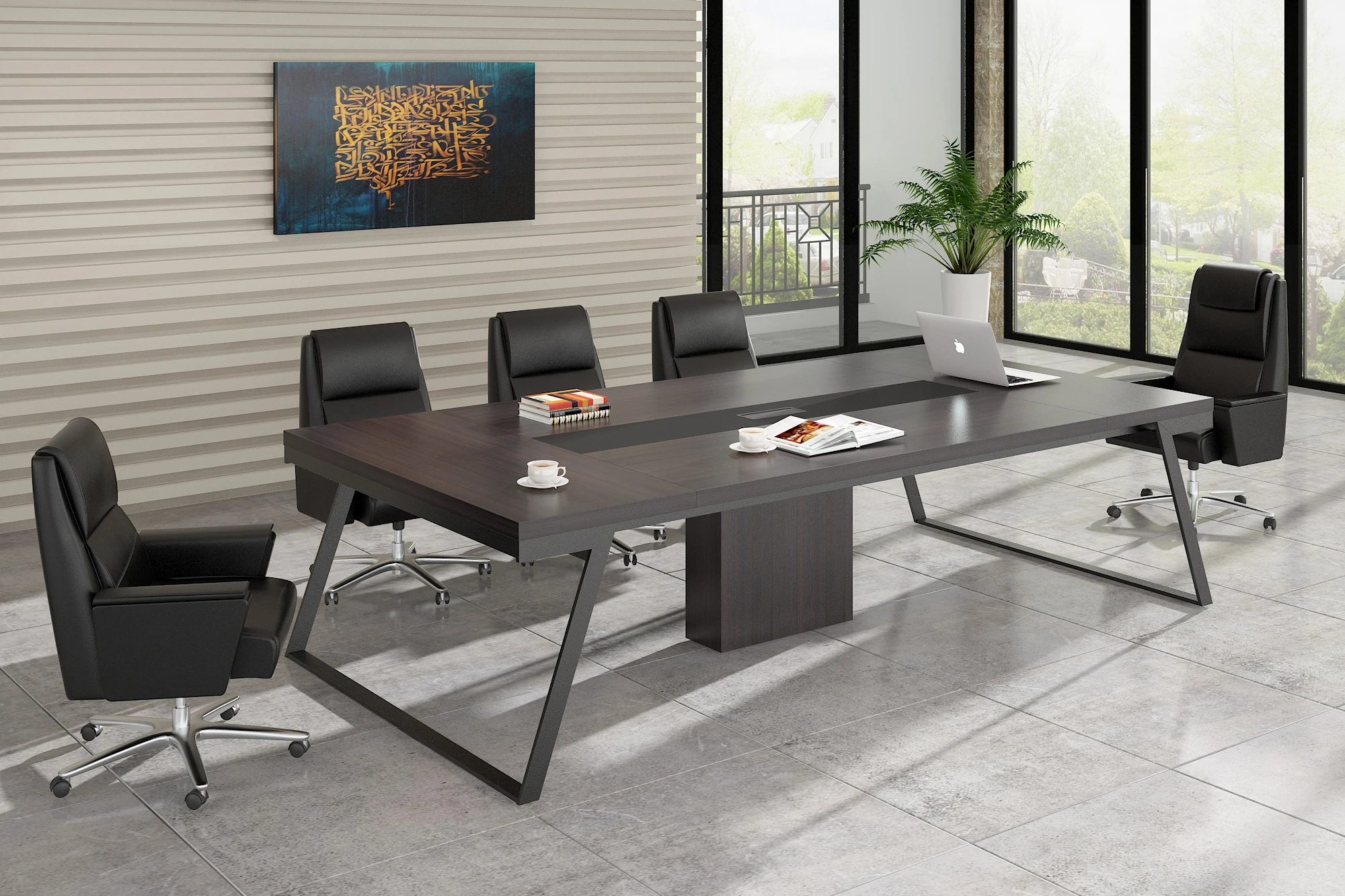 China Factory High End Wooden Furniture Modern Meeting Room Office Conference Table with Metal Frame