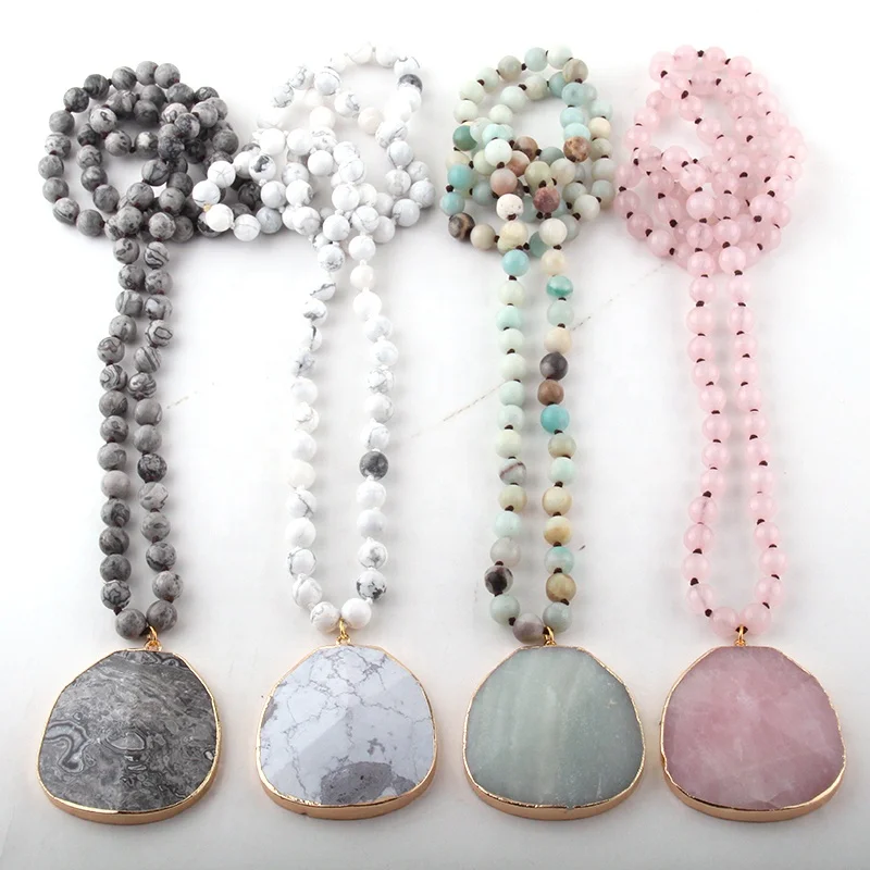 

Fashion Women Ethnic long Knotted handmade Stone Necklace Round Stone Drop Pendant Necklace Natural Amazonite Stone Necklace, Different color
