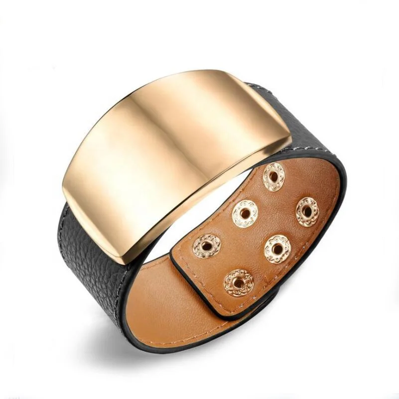 

Wholesale2018 new item Wholesale Market Women Engraved Wide black Leather band alloy plating gold adjustable Wrist Cuff Bracelet