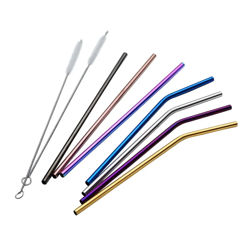 

Colorful 304 Stainless Steel Straws Reusable Drinking Straw High Quality Bent Metal Straw with Cleaner Brush, Silver;rainbow;black;copper;gold