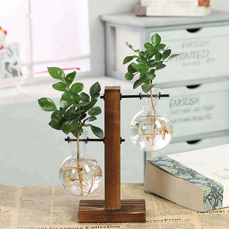 
Hanging clear glass flower vase with wood base 