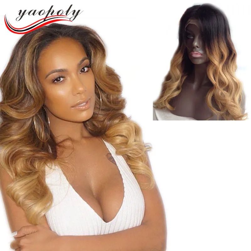 best selling 100% indian black blonde body wave long lace front ombre human hair wigs for black women