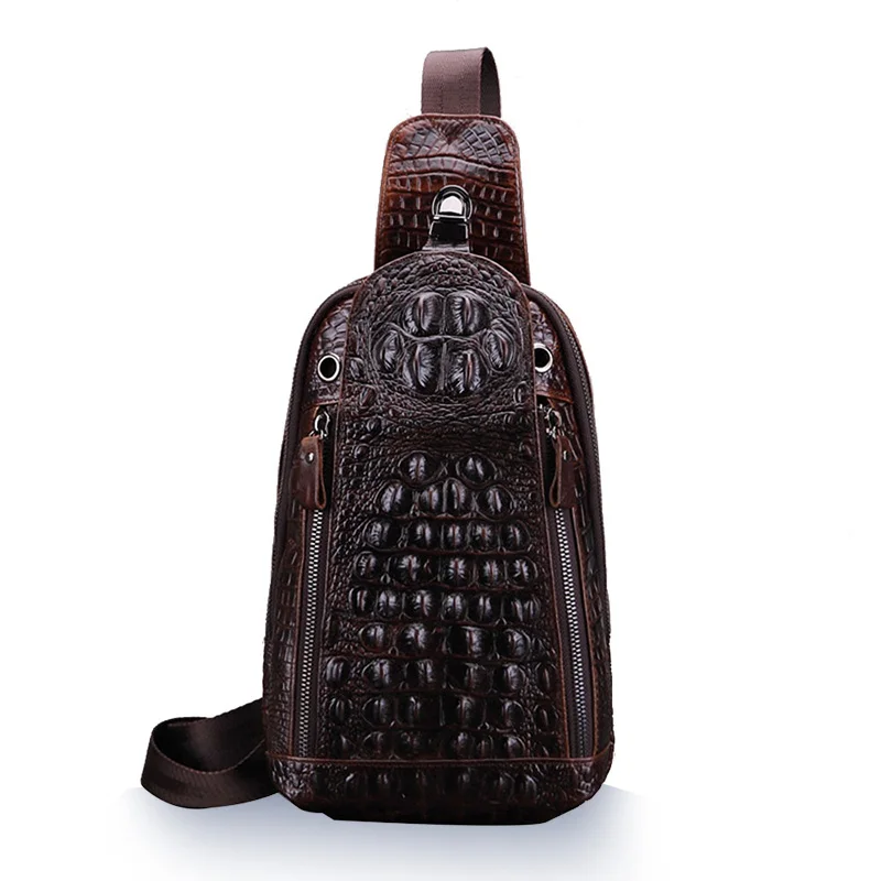 

2021 New 3D crocodile men chest bag top layer genuine cowhide leather men's single backpack single shoulder bag, Coffee