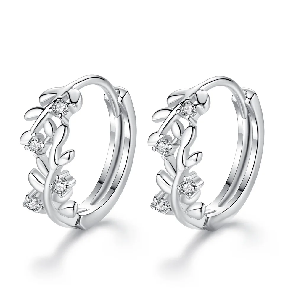 

Vintage Leaf Design Hoop Earrings Luxury Cubic Zirconia Crystal Sliver Plated Earrings for Girls Jewelry Gift, N/a
