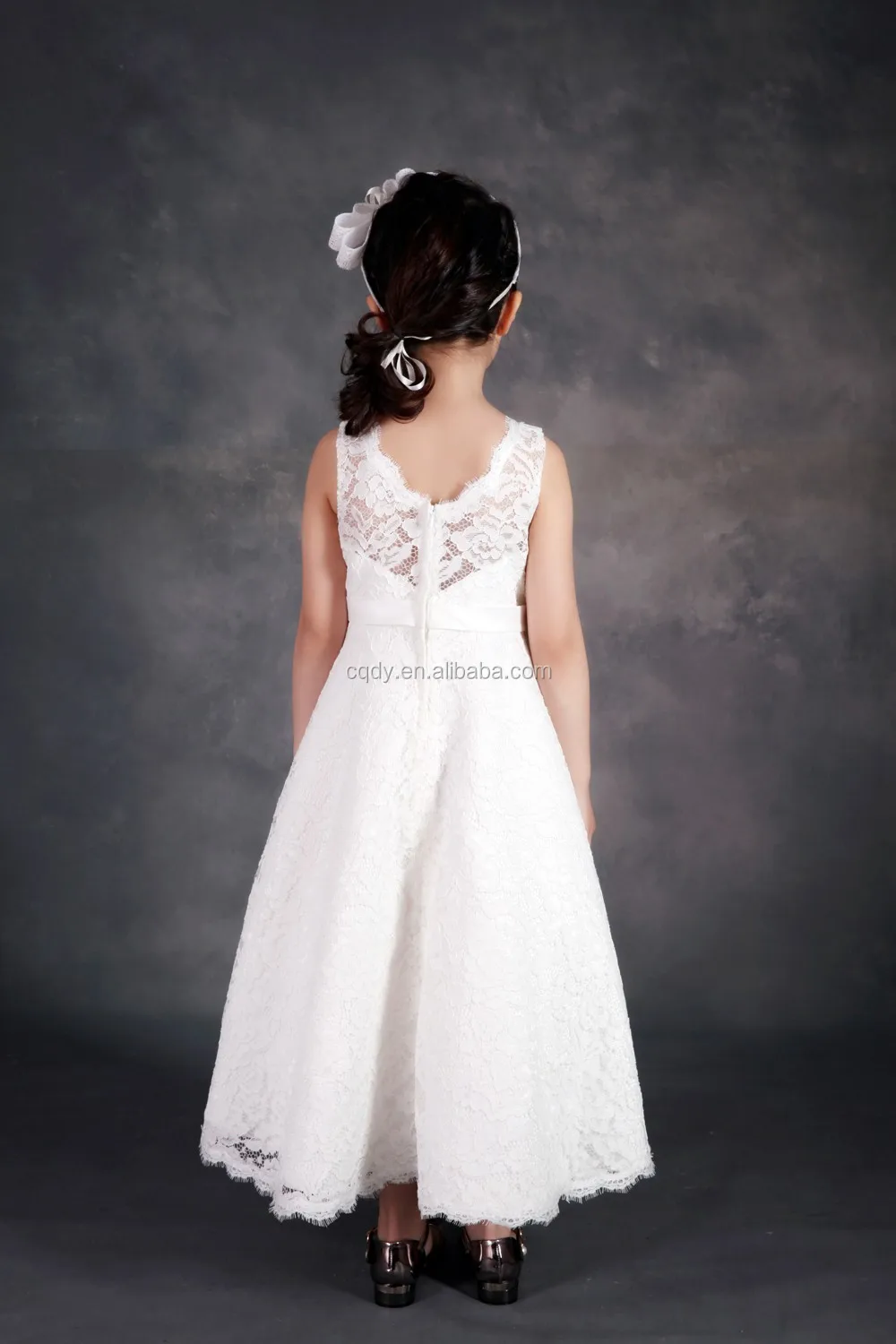 A Line Tank Sleeveless Tulle White Ivory Satin Heavy Lace Flower Girl