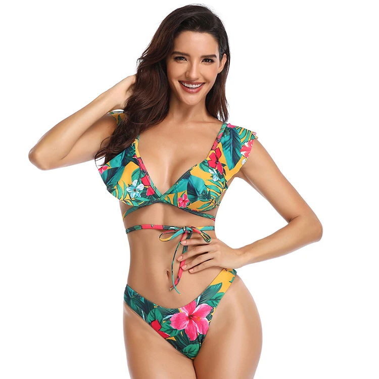 

2019 New Listing Split Print Floral Two Piece Set Fashion Brazilian Swimwear Women Sexy Bikini, As picture