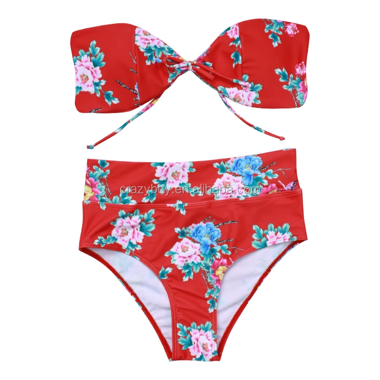 

Fancy floral print red high waist sexy bikini, Picture