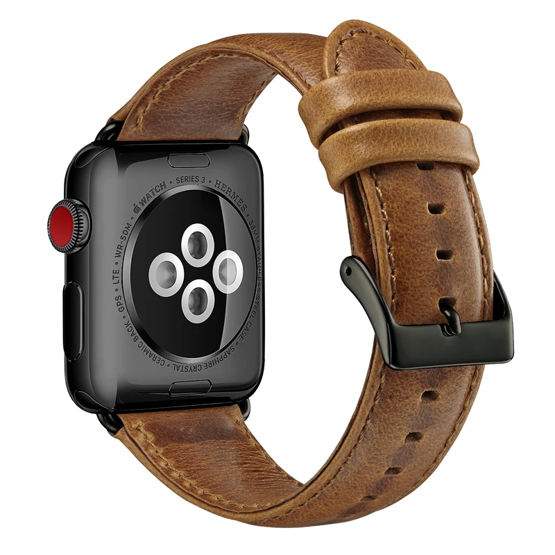 

Perfectly Fit for Apple Watch 38mm 40mm 42mm 44mm Crazy Horse Pattern Genuine Leather Strap Band, As the photo