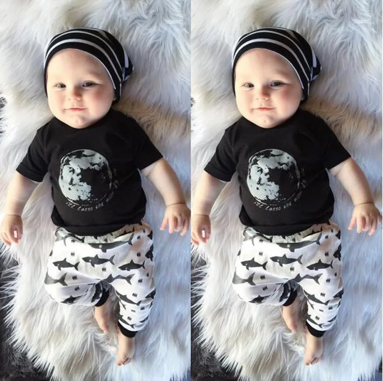 

Alibaba Express Baby Boy Clothes Sets With Black Short Sleeve T-Shirt And Pant With Shark Pattern, As picture;or your request pms color
