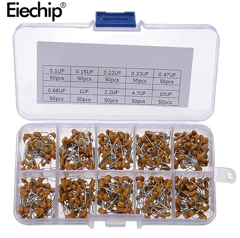 

500pcs/lot 10Values*50pcs 0.1uF-10uF(104~106) 50V Multilayer Ceramic Capacitors Assorted Kit Assortment Set with Storage Box