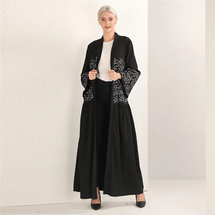 

2019 Fashion Style Women Dubai Islamic Clothing Soft Crepe Dubai Open Abaya, Black