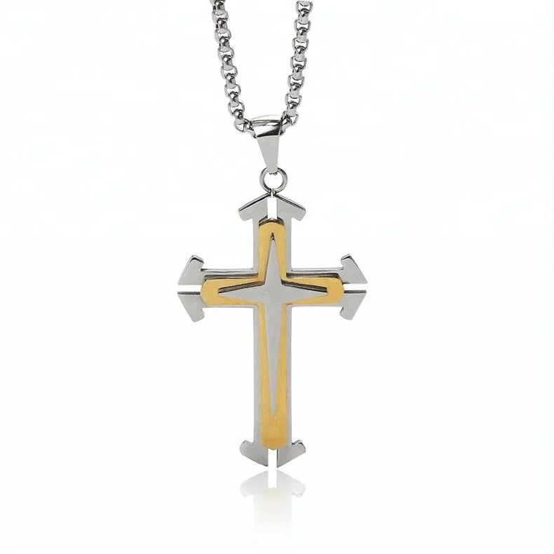 

Fashion Jewelry stainless steel 18k gold plated Pendant necklace christian crucifix jewelry for men, Gold and white