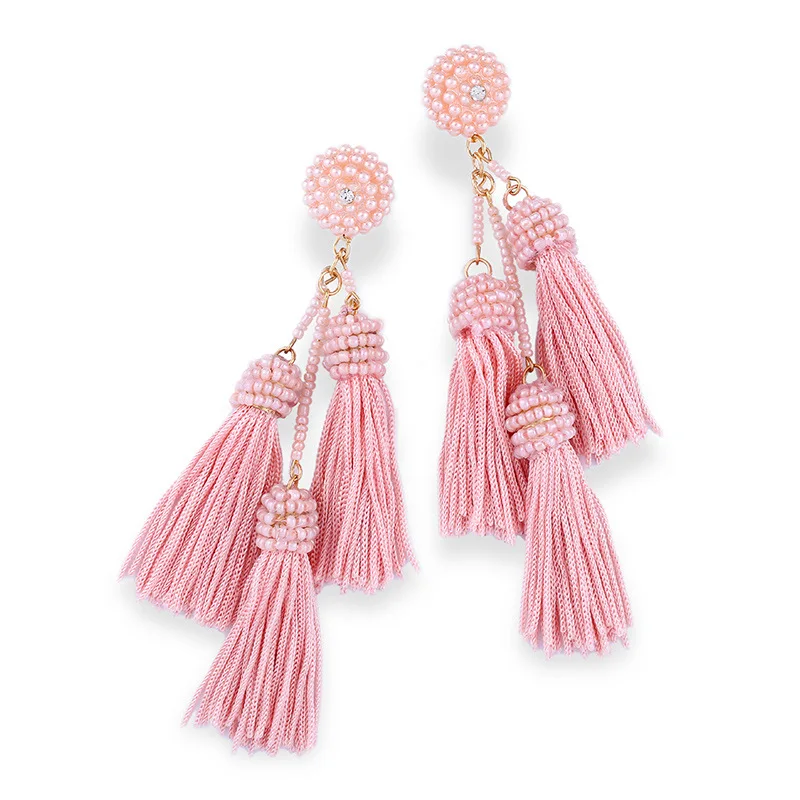 Latest Handmade Layered Pure Color Long Tassel Seed Beads Earrings For Women