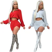 

Women's Fashion Suit Solid Color Turndown Casual Loose Suit Full Sleeve Top And Mini Skirt Two Piece Set