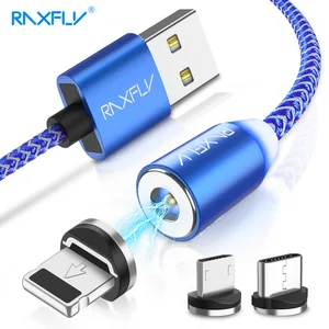 RAXFLY High Quality Nylon LED 8pin 3 in 1 Magnetic USB Cable Magnet Charging Micro USB Type C Cable For iphone