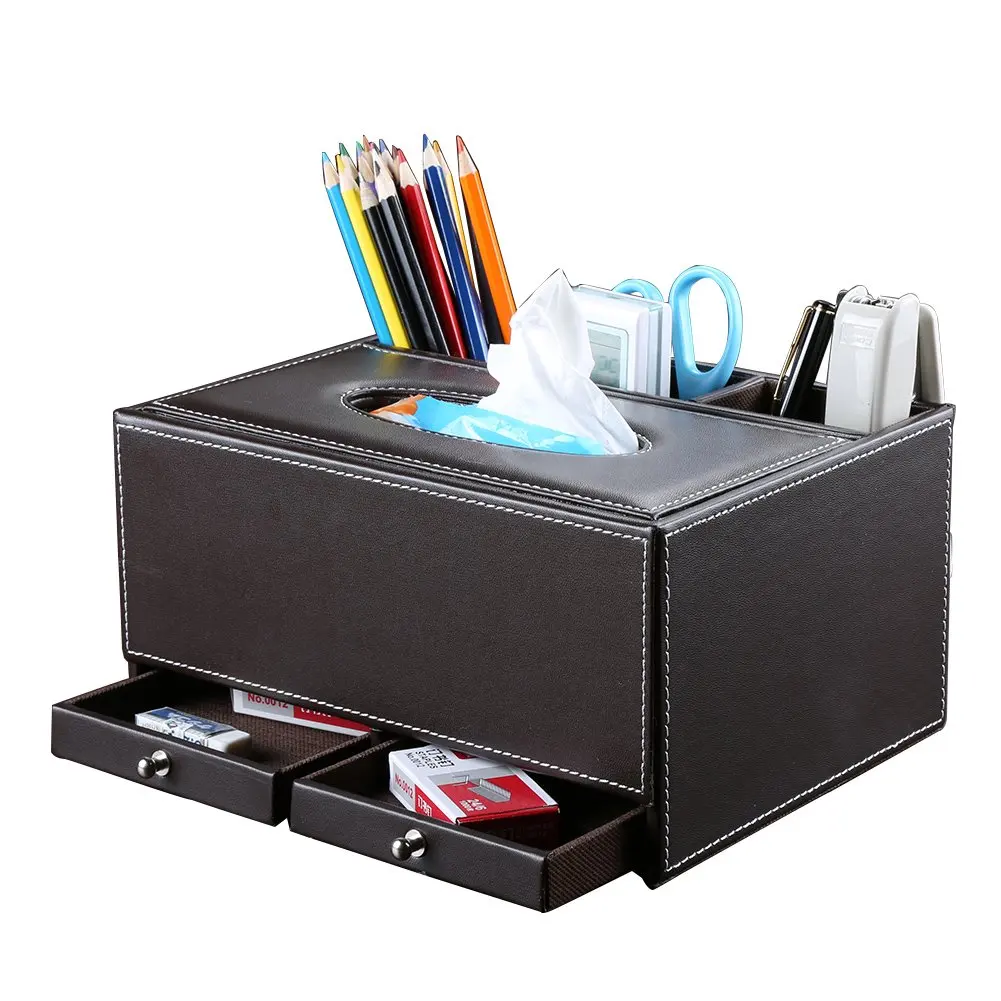 
Multi function creative Leather office desk organizer tissue box desktop stationery storage box office supplies 