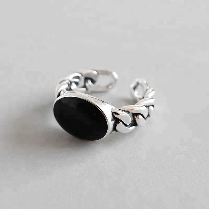 

Vintage Black Epoxy Chain Finger Rings for Women Genuine 925 Sterling Silver Opening Adjustable Ring Fine Jewelry