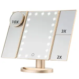 Private label Desktop Cosmetic Mirror with LED lamps USB Rechargeable Trifold Vanity Lighted 180 rotating Make Up Mirror