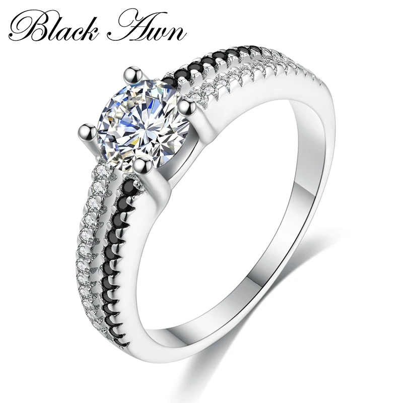 

[BLACK AWN] Genuine 925 Sterling Silver Jewelry Round Engagement Rings for Women Black&White Stone Femme Ring Bijoux Bague C223