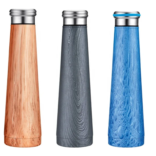 

food grade wooden painting cone shape water bottle stainless steel conical flask vacuum thermos