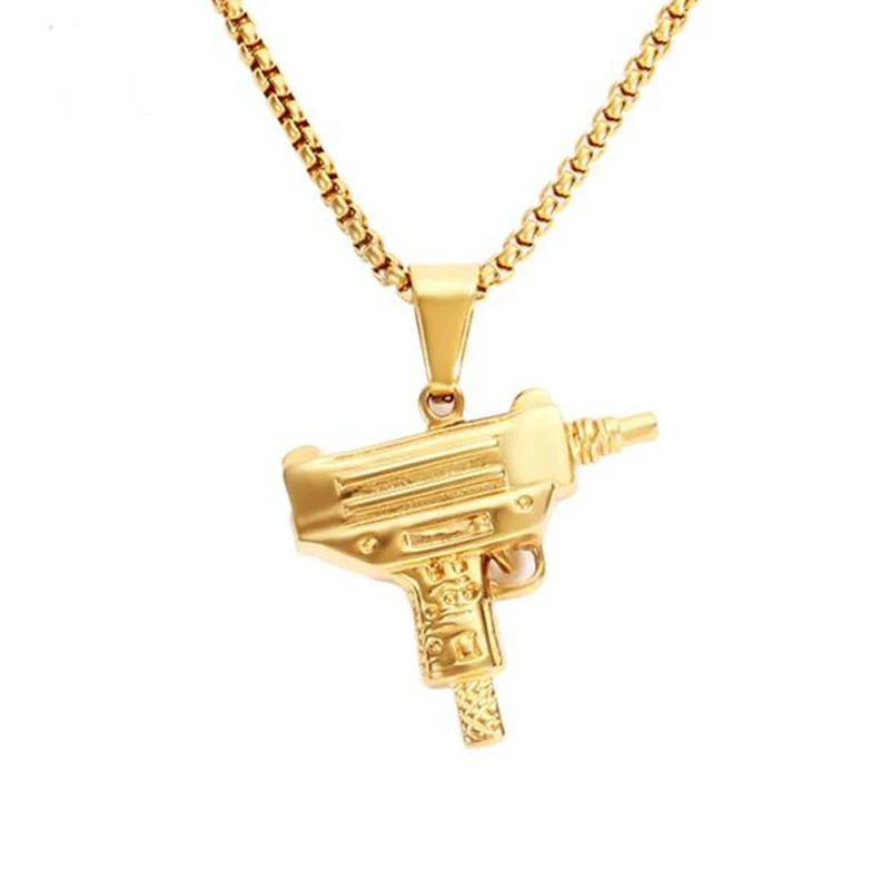 

High Polished Gold Plated Titanium Stainless Steel Uzi Gun Pendant Jewelry Necklace, Gold,silver