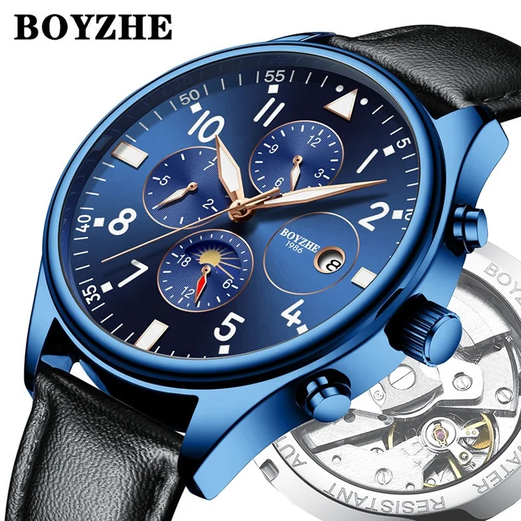 

BOYZHE stainless steel custom logo dropshipping water proof Genuine Leather mechanical automatic watches