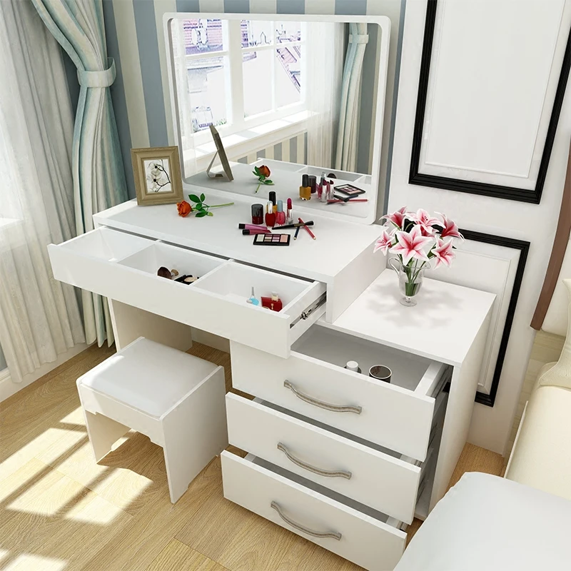 
Vanity Makeup Table Wood Stool Dressing Table Mirrored Modern Dresser with Mirrors 