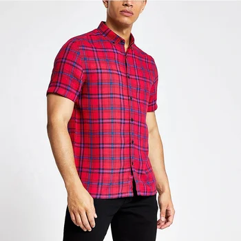 Men Red Check Slim Fit Shirt Casual Plaid Short Sleeve Shirt 100% ...