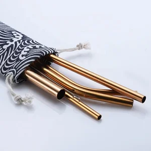 Image of Eco friendly Rose gold metal straw set with pouch, stainless steel drinking straw