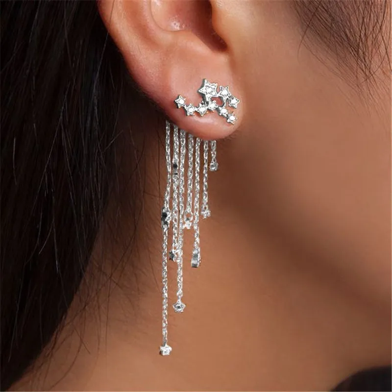 

Stylish Silver Gold Streamlined Tassel Earrings Ear Stud Jewelry Ladies Long Crystal Earring