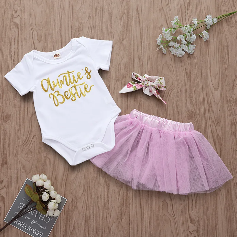 

2019 Cotton infant Short Sleeve White Bodysuit + Girl tutu Skirt + Newborn Headband Infant 3Pcs/Set, Picture shown