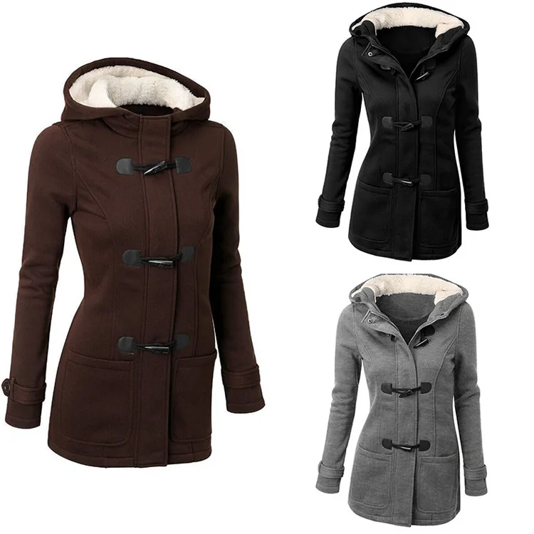 

Winter Coat ladies' Long Sleeve Hooded Jacket With Large Size Horn Pocket, Picture