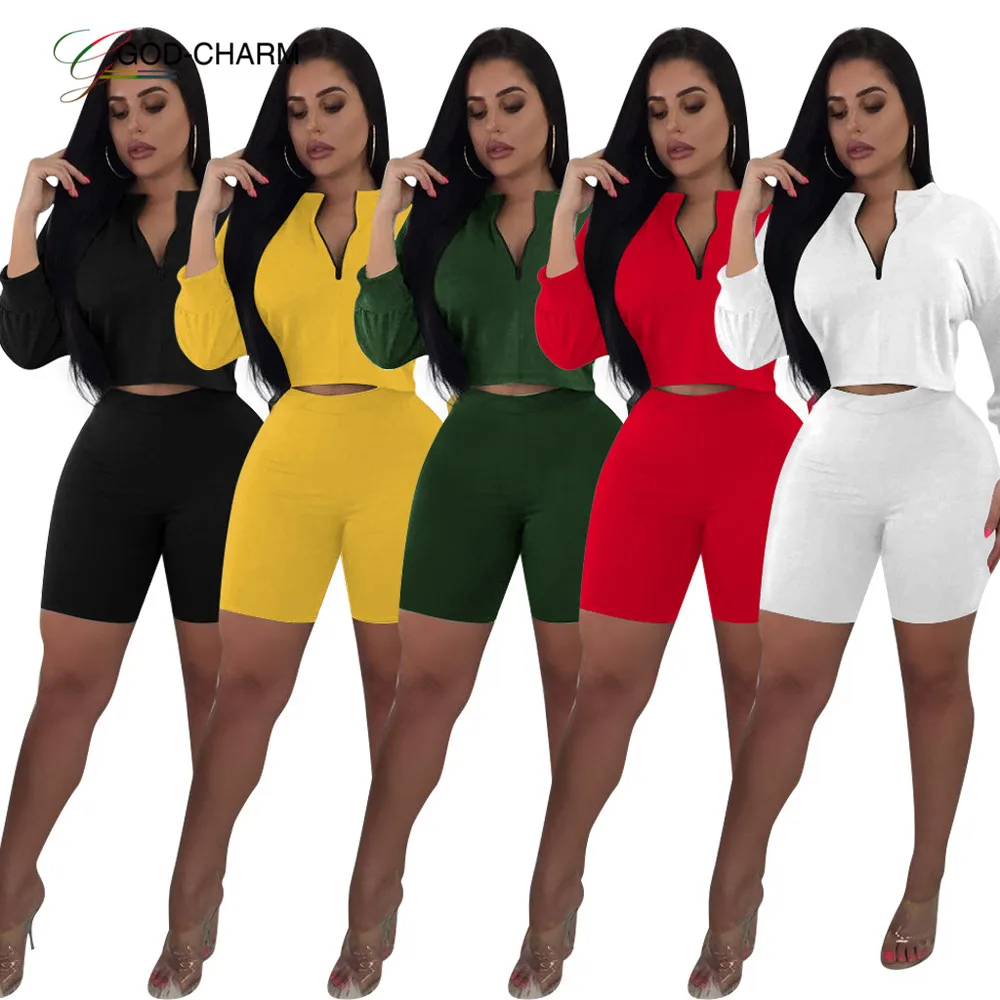 

*GC-86962106 2020new Wholesale plain color zipper collar long sleeve t shirt and hot shorts two piece set blank women track suit, As photo showed