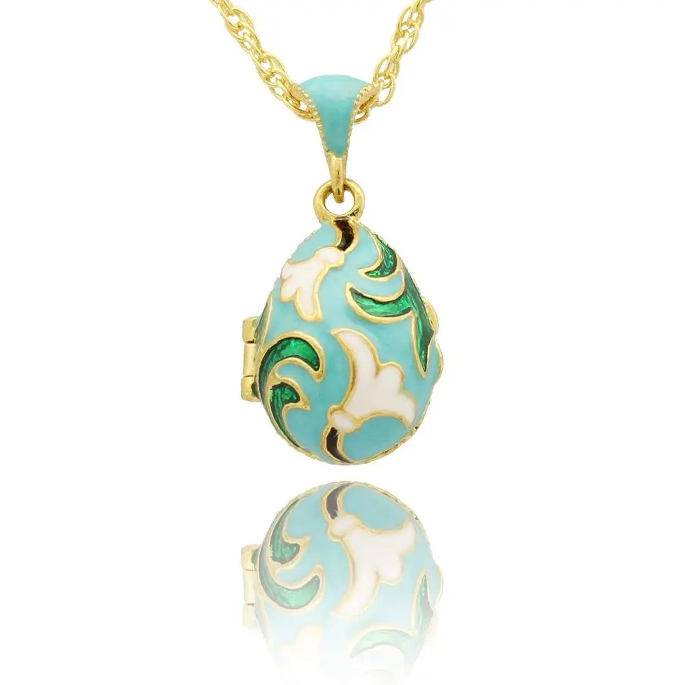 MYD Jewelry White Enameled Flower Faberge Egg Locket Pendant Necklace