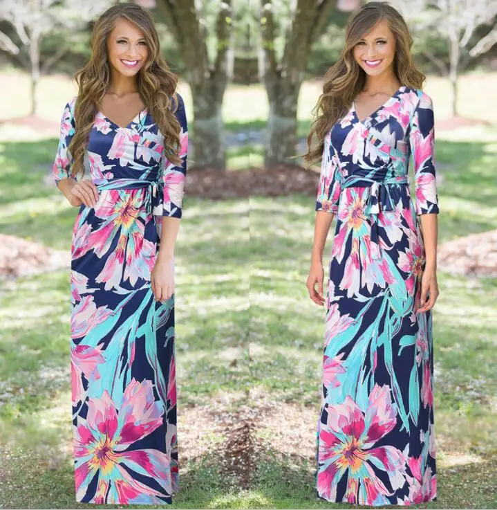 

Walson European and American explosion dresses sleeves printed new dress multi-color multi-code dress, N/a