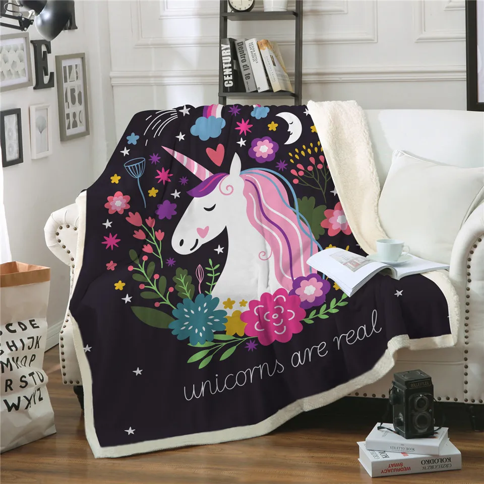 

Cartoon Unicorn Velvet Plush Throw Blanket Floral Printed For Kids Girls Black Sherpa Blanket For Couch, Accept customer's color