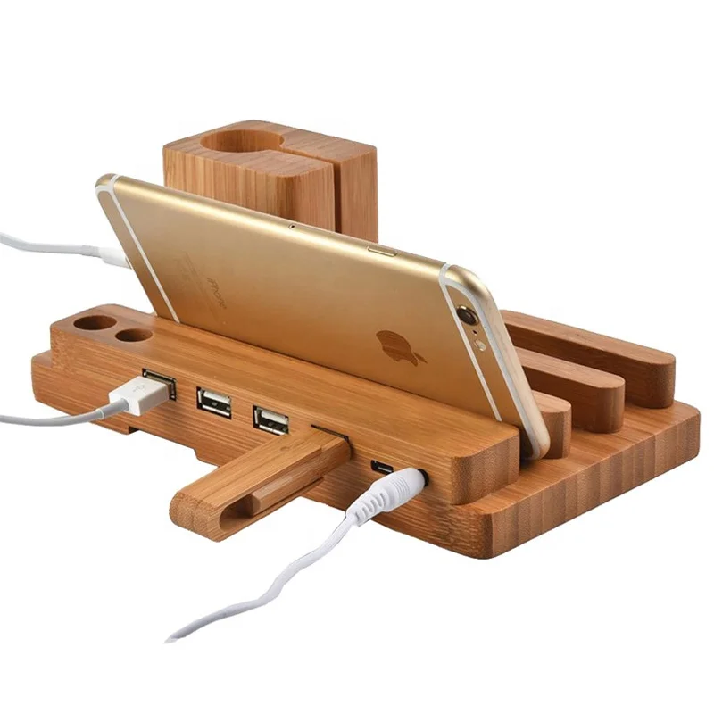 

4 Ports Wooden Charging Dock Station Holder,bamboo desk organizer with phone, smartwatch, pen pad holder
