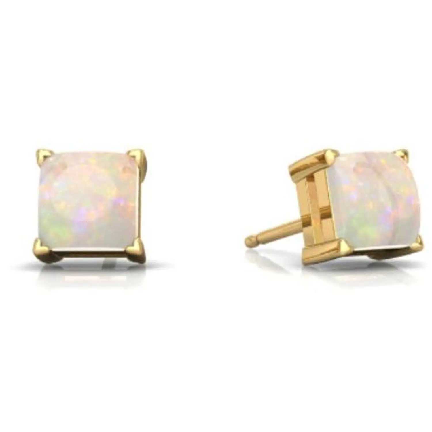 Simulated Opal Princess Cut Stud Earrings 14Kt Yellow Gold & Sterling Silver