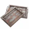 Country Rustic Whitewashed Brown Wood Finish Rectangular Nesting Serving Trays With Metal Handles