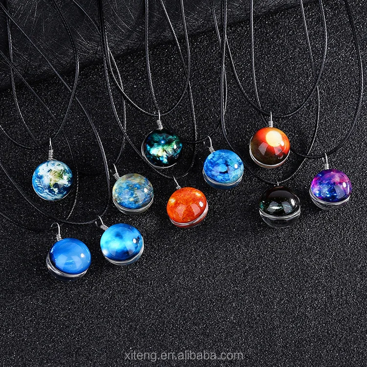 

Double-Sided New Nebula Earth Moon Planet Glass Dome Galaxy Solar System Luminous Men's Pendant Necklace, Blue purple yellow pink 15 colors
